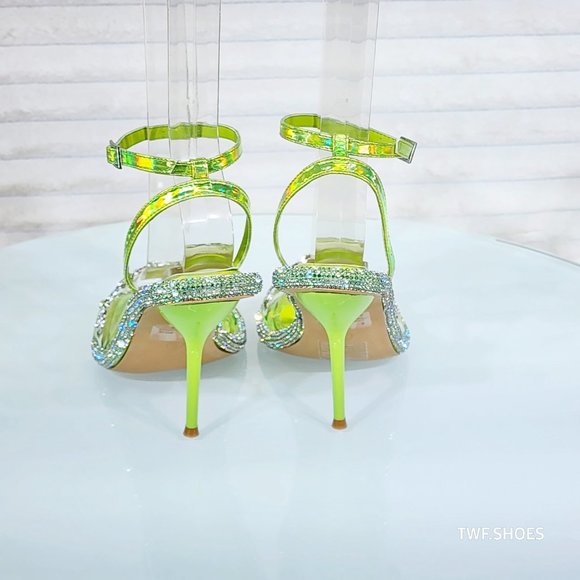 Mini .5" Rhinestone Platform Lime Green Hologram Upper Wrap Strap Heels Baily - Picture 8 of 17